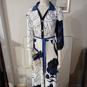 Blue and white print knit dress.